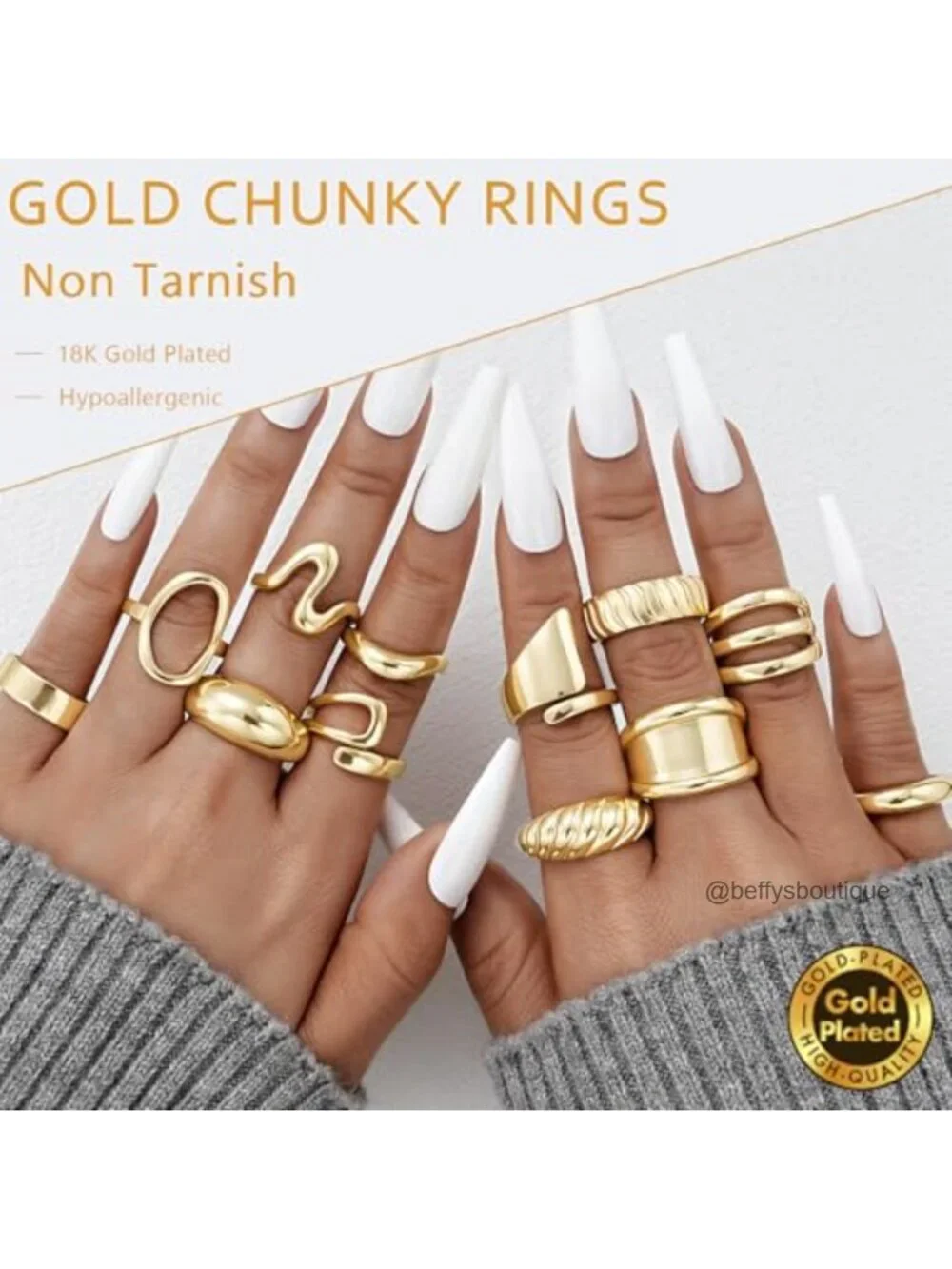 18K Gold Plated Stackable Rings Set - 12 Piece Chunky Band Rings for Women